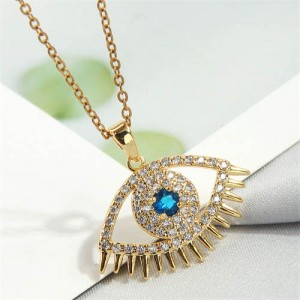Shining Cubic Zirconia Eye Design Pendant Wholesale High Fashion Costume Necklace - Golden