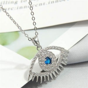 Shining Cubic Zirconia Eye Design Pendant Wholesale High Fashion Costume Necklace - Silver