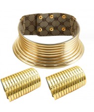 African Tribal Style Exaggerated Collar Necklace and Dual Bracelets Wholesale Set - Golden