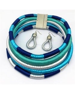 U.S. and European High Fashion Multi-layer Weaving Collar Style Choker and Earrings Wholesale Set - Sky Blue