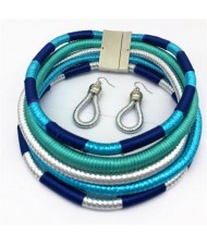 U.S. and European High Fashion Multi-layer Weaving Collar Style Choker and Earrings Wholesale Set - Sky Blue