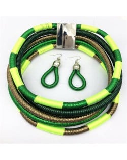 U.S. and European High Fashion Multi-layer Weaving Collar Style Choker and Earrings Wholesale Set - Fluorescent Green