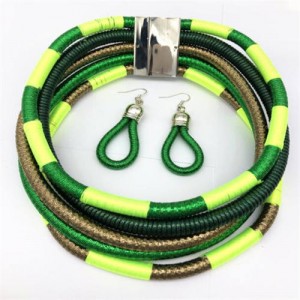 U.S. and European High Fashion Multi-layer Weaving Collar Style Choker and Earrings Wholesale Set - Fluorescent Green