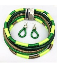 U.S. and European High Fashion Multi-layer Weaving Collar Style Choker and Earrings Wholesale Set - Fluorescent Green