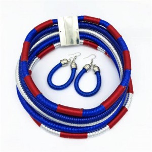 U.S. and European High Fashion Multi-layer Weaving Collar Style Choker and Earrings Wholesale Set - Blue