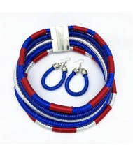 U.S. and European High Fashion Multi-layer Weaving Collar Style Choker and Earrings Wholesale Set - Blue