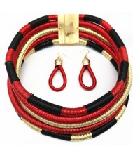 U.S. and European High Fashion Multi-layer Weaving Collar Style Choker and Earrings Wholesale Set - Red