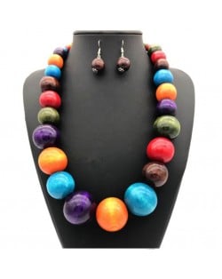 Folk Fashion Wooden Beads Wholesale Costume Necklace/ Sweater Chain and Earrings Set - Multicolor