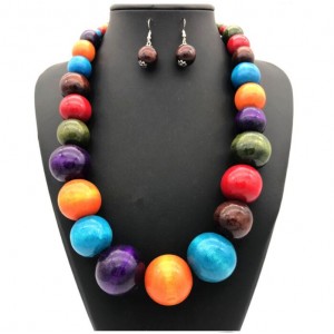 Folk Fashion Wooden Beads Wholesale Costume Necklace/ Sweater Chain and Earrings Set - Multicolor