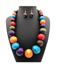 Folk Fashion Wooden Beads Wholesale Costume Necklace/ Sweater Chain and Earrings Set - Multicolor