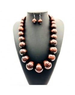 Folk Fashion Wooden Beads Wholesale Costume Necklace/ Sweater Chain and Earrings Set - Coffee