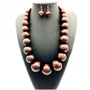 Folk Fashion Wooden Beads Wholesale Costume Necklace/ Sweater Chain and Earrings Set - Coffee