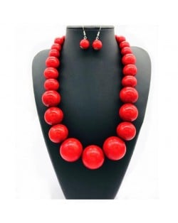 Folk Fashion Wooden Beads Wholesale Costume Necklace/ Sweater Chain and Earrings Set - Red