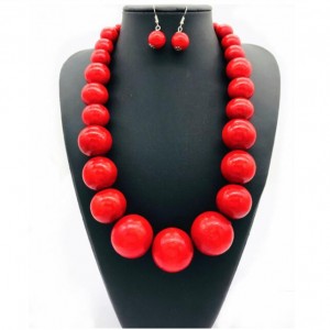 Folk Fashion Wooden Beads Wholesale Costume Necklace/ Sweater Chain and Earrings Set - Red