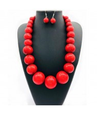 Folk Fashion Wooden Beads Wholesale Costume Necklace/ Sweater Chain and Earrings Set - Red