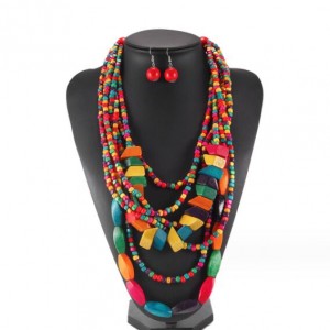 African Bohemian Fashion Geometric Wooden Beads Combo Wholesale Costume Necklace and Earrings Set
