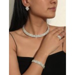 Glistening Rhinestone Embellished Bride Fashion 4pcs Costume Jewelry Set - Silver