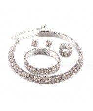 Glistening Rhinestone Embellished Bride Fashion 4pcs Costume Jewelry Set - Silver