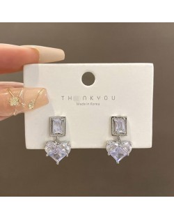 Super Shining Cubic Zirconia Heart Design Wholesale Korean Girl Fashion Earrings - Silver