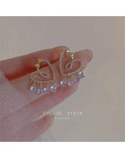 Shining Cubic Zirconia Cute Heart with Tassel Design Wholesale Korean Fashion Luxrious Earrings