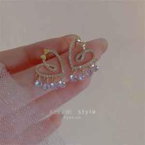 Shining Cubic Zirconia Cute Heart with Tassel Design Wholesale Korean Fashion Luxrious Earrings