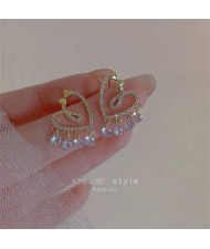 Shining Cubic Zirconia Cute Heart with Tassel Design Wholesale Korean Fashion Luxrious Earrings