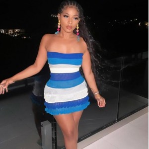 Stylish Bandeau Backless Color-block Wholesale Lace Knit Dress - Blue