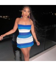 Stylish Bandeau Backless Color-block Wholesale Lace Knit Dress - Blue