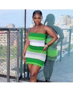 Stylish Bandeau Backless Color-block Wholesale Lace Knit Dress - Green