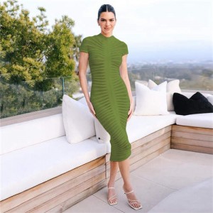Solid Color Temperament Slim Knit Fashion Dress - Green