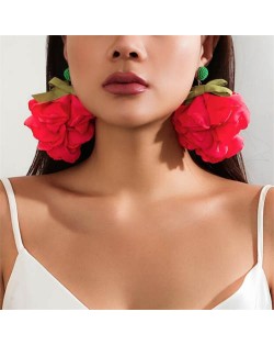 Handmade Cloth Flowers Bohemian Fashion Wholesale Women Earrings - Red