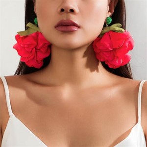 Handmade Cloth Flowers Bohemian Fashion Wholesale Women Earrings - Red