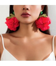 Handmade Cloth Flowers Bohemian Fashion Wholesale Women Earrings - Red