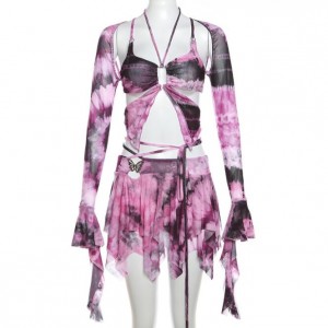Sweet Flared Sleeves Prints Butterfly Tassel Fashion Cutout Short Skirt Set - Violet