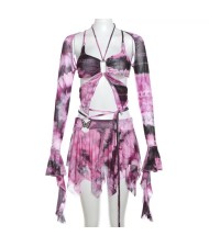 Sweet Flared Sleeves Prints Butterfly Tassel Fashion Cutout Short Skirt Set - Violet