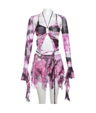 Sweet Flared Sleeves Prints Butterfly Tassel Fashion Cutout Short Skirt Set - Violet