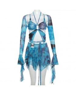Sweet Flared Sleeves Prints Butterfly Tassel Fashion Cutout Short Skirt Set - Blue