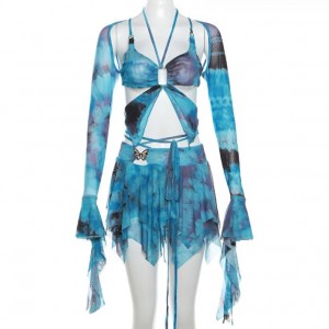 Sweet Flared Sleeves Prints Butterfly Tassel Fashion Cutout Short Skirt Set - Blue