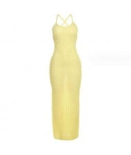 Solid Color Popcorn Pattern Texture Long Braces Dress - Yellow