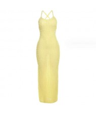 Solid Color Popcorn Pattern Texture Long Braces Dress - Yellow