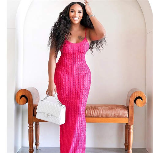 Solid Color Popcorn Pattern Texture Long Braces Dress - Rose