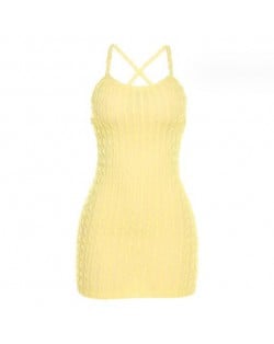 U.S. High Fashion Solid Color Popcorn Pattern Texture Short Braces Dress - Yellow