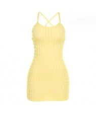 U.S. High Fashion Solid Color Popcorn Pattern Texture Short Braces Dress - Yellow