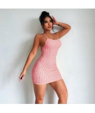 U.S. High Fashion Solid Color Popcorn Pattern Texture Short Braces Dress - Pink