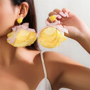 Handmade Cloth Flowers Bohemian Fashion Wholesale Women Earrings - Yellow