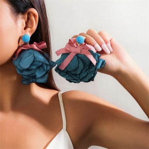 Handmade Cloth Flowers Bohemian Fashion Wholesale Women Earrings - Blue