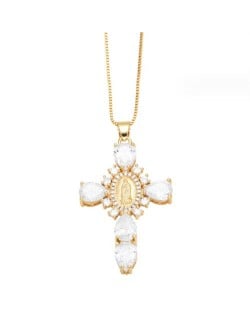 Cubic ZIrconia Inlaid Goddess Cross Gold Plated Wholesale Fashion Necklace - White