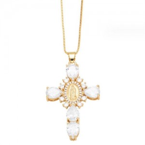 Cubic ZIrconia Inlaid Goddess Cross Gold Plated Wholesale Fashion Necklace - White
