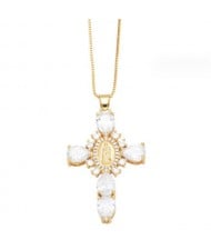 Cubic ZIrconia Inlaid Goddess Cross Gold Plated Wholesale Fashion Necklace - White