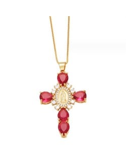 Cubic ZIrconia Inlaid Goddess Cross Gold Plated Wholesale Fashion Necklace - Rose